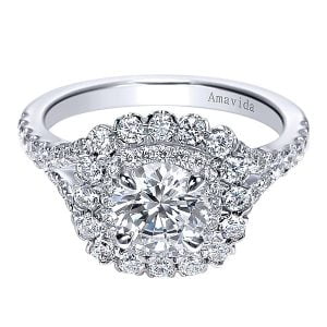 18k White Gold Round Double Halo Diamond Engagement Ring