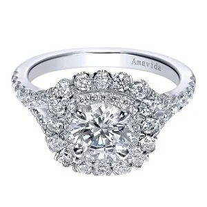 18k White Gold Round Double Halo Diamond Engagement Ring