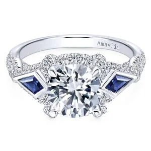 18k White Gold Round 3 Stones Halo Diamond A Quality Sapphire Engagement Ring