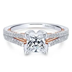 18k White/Rose Gold Princess Cut Split Shank Diamond Engagement Ring
