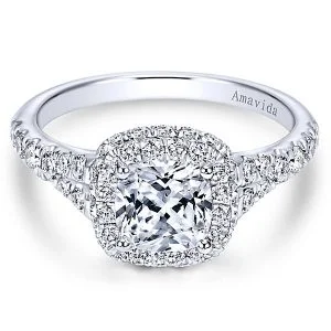 18k White Gold Amavida Cushion Cut Double Halo Diamond Engagement Ring