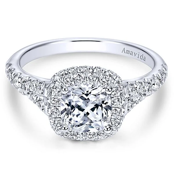 18k White Gold Amavida Cushion Cut Double Halo Diamond Engagement Ring