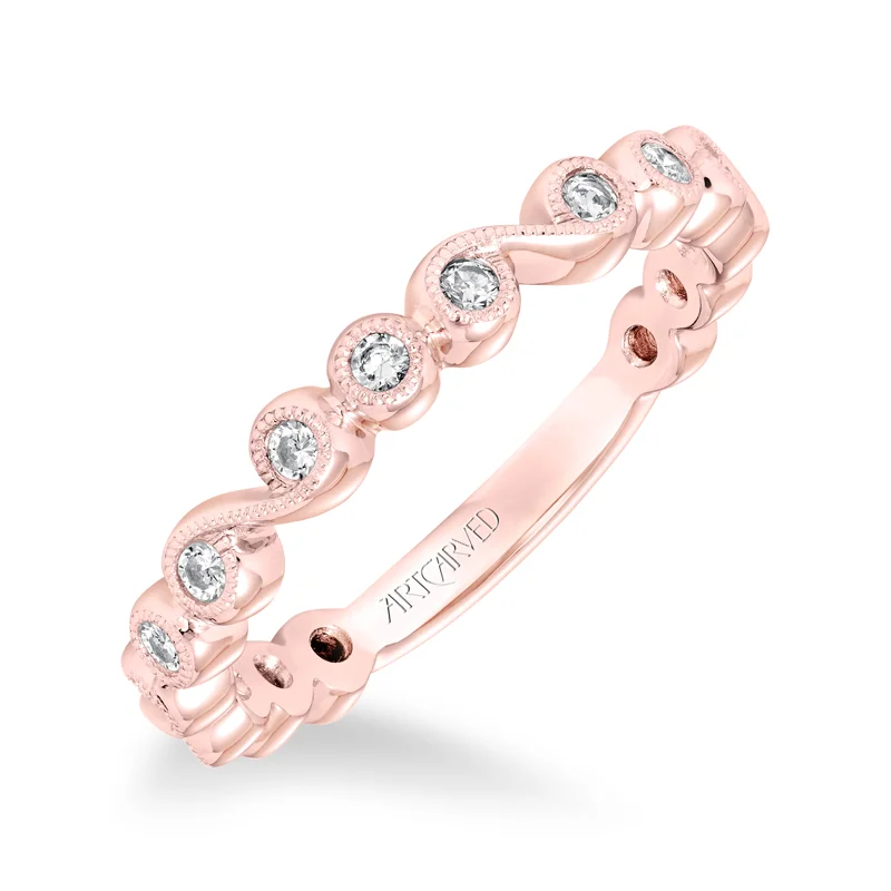 ArtCarved Stackable Band with Bezel set Diamonds and Milgrain in 14K Rose Gold - 33-V9161R